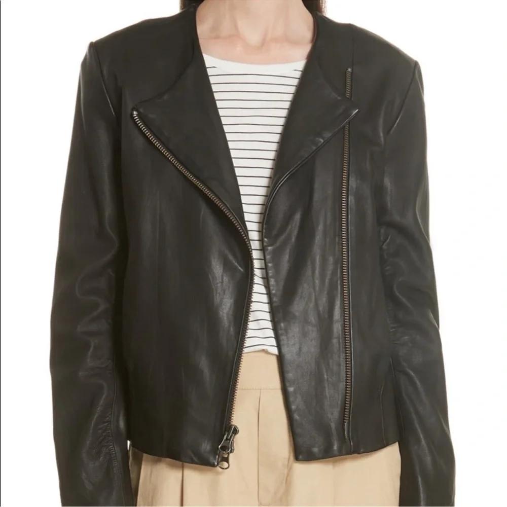 $995 Vince Black Zip Cross Front Leather Jacket Sz XS